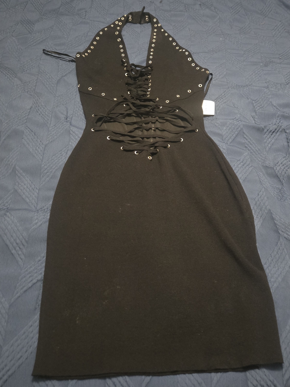 AKIRA Black Strapless Lace-Up Eyelet Midi Dress